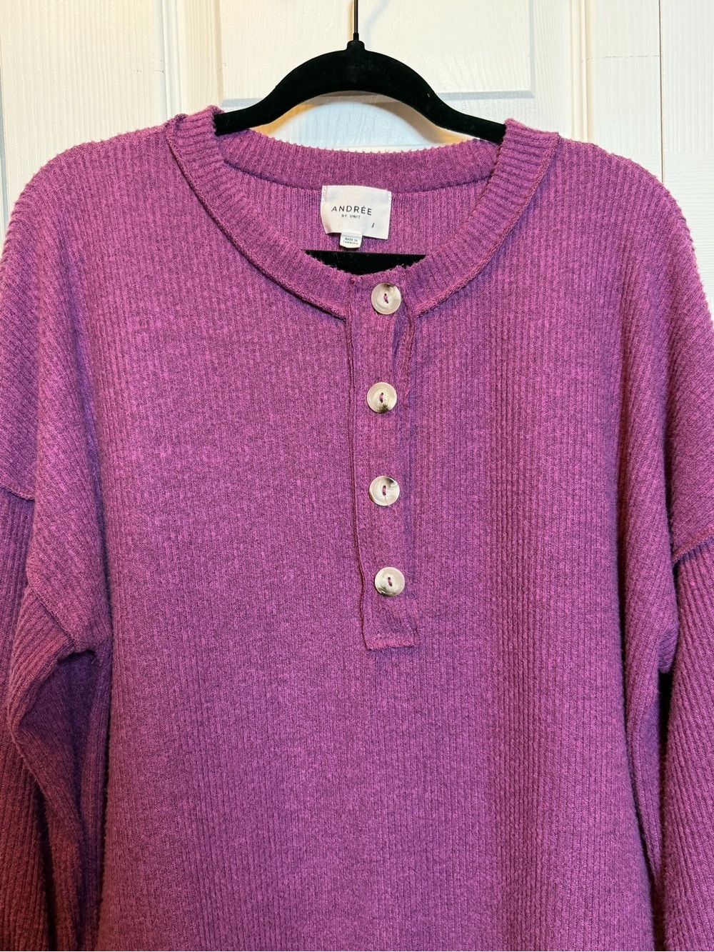 Andrée by Unit Large Purple Waffle Knit Henley Pullover Top Balloon Sleeve - Picture 2 of 7